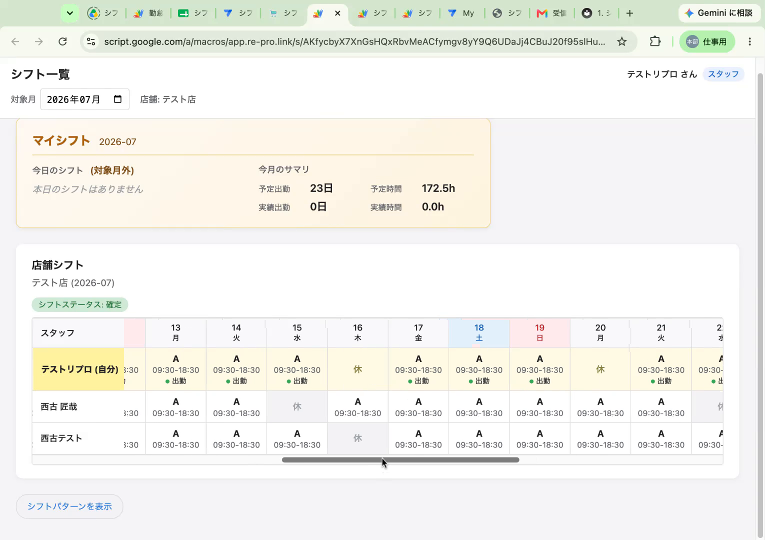 店舗シフトのマトリクス表示