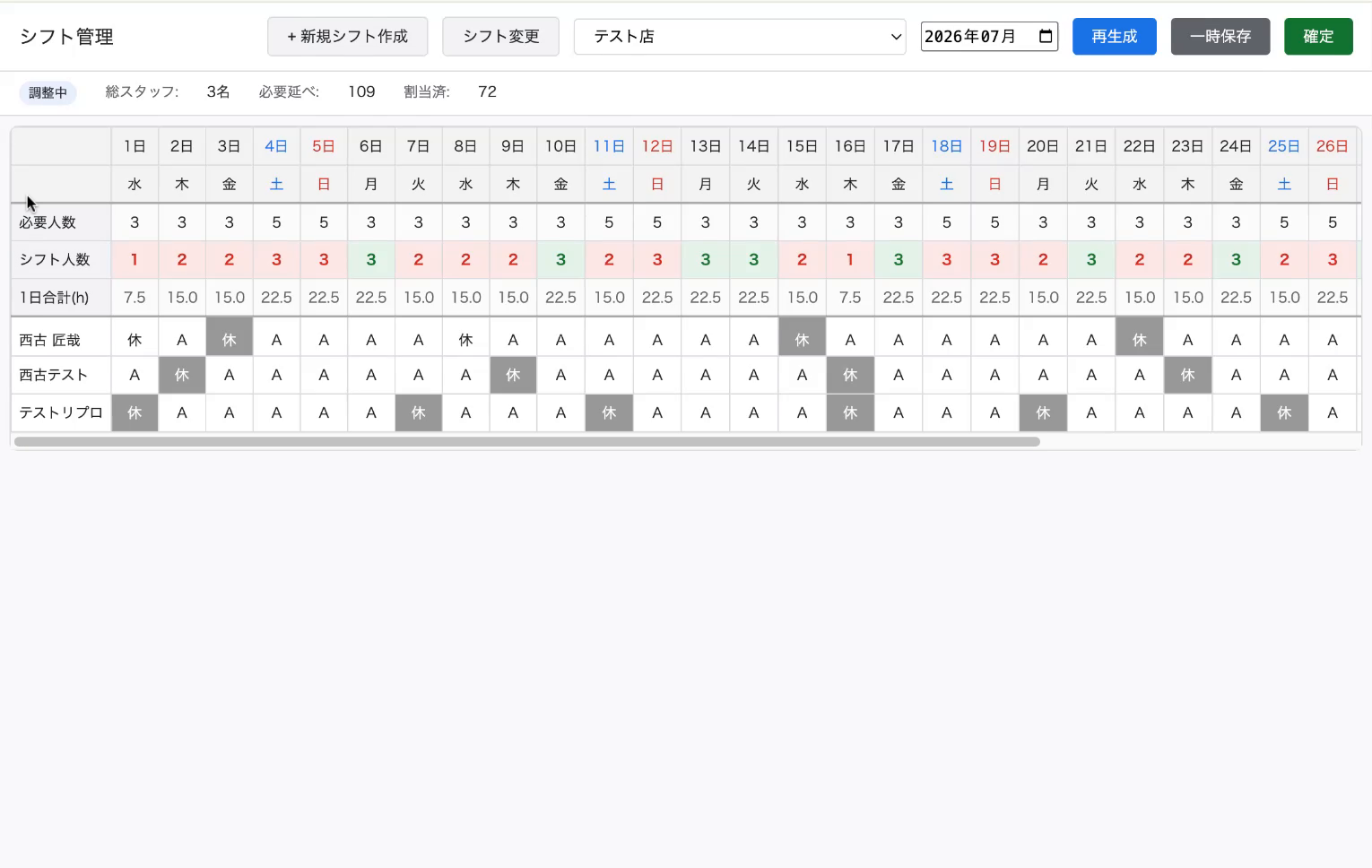 生成されたシフト表